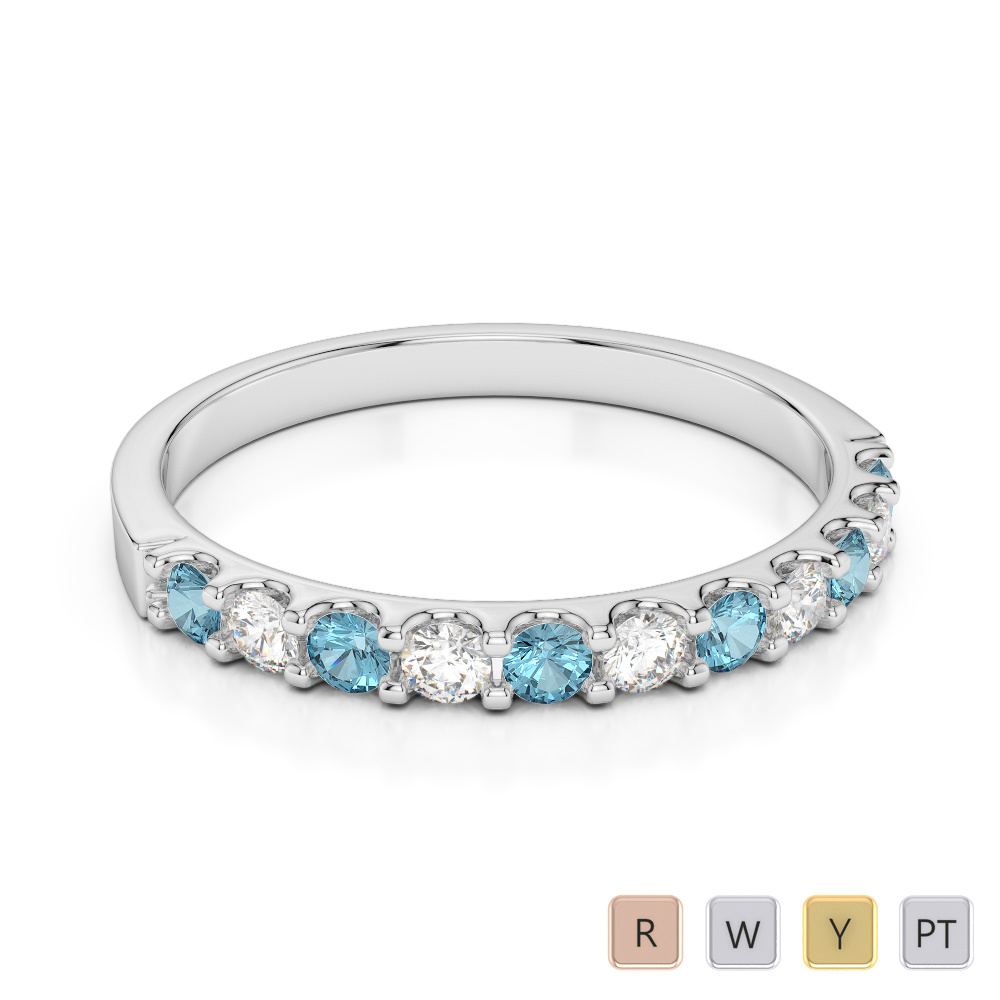 2MM Claw Set Diamond Half Eternity Ring With Aquamarine 0385